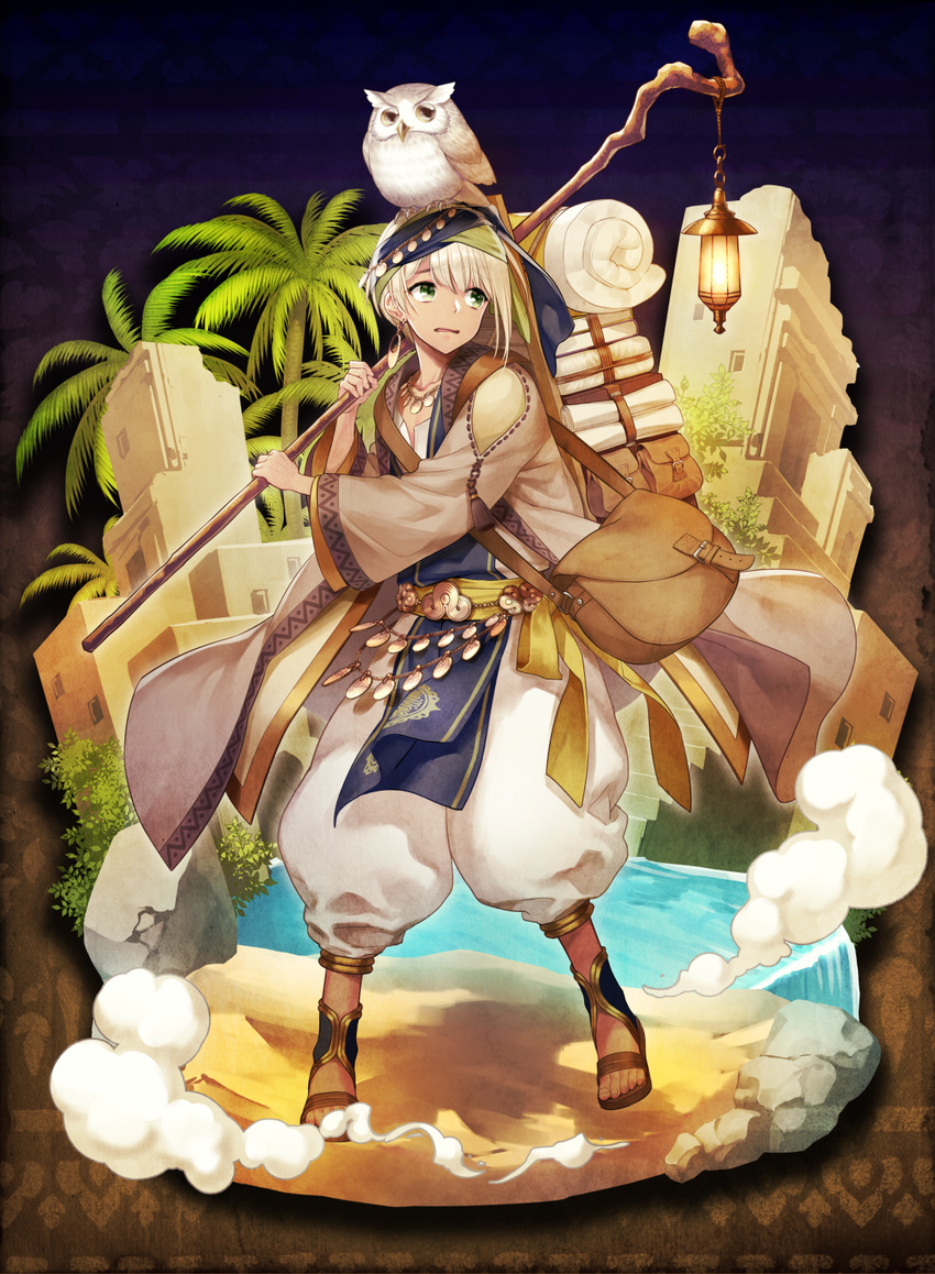 androgynous backpack bag bandana bedroll bird commentary_request earrings gender_request green_eyes handbag highres holding holding_staff jewelry lantern minamibe necklace oasis owl palm_tree pixiv_fantasia pixiv_fantasia_revenge_of_the_darkness sandals solo staff standing tree water white_hair