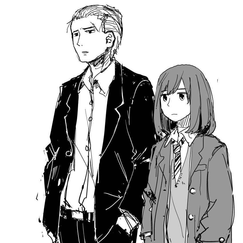 1boy absurdres blazer closed_mouth father_and_daughter female formal greyscale hair_slicked_back height_difference highres hina_(hinamatsuri) hinamatsuri_(manga) jacket jaggy_lines monochrome nitta_yoshifumi open_clothes open_jacket parted_lips scar school_uniform simple_background suit sweater_vest tsukumizu_yuu