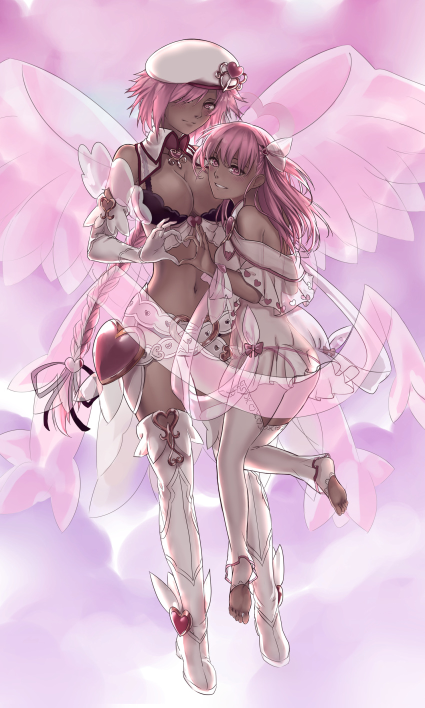 2girls absurdres bare_shoulders belt beret black_ribbon boots braid breasts cleavage commentary cupid_(monster_girl_encyclopedia) dark-skinned_female dark_skin elbow_gloves english_commentary full_body gloves hair_over_one_eye hair_ribbon halo hat heart heart-shaped_pupils heart_hands heart_hands_duo heart_print highres houri_(monster_girl_encyclopedia) large_breasts lingerie long_braid long_hair looking_at_viewer medium_breasts monster_girl_encyclopedia multiple_girls navel negligee panties parted_lips pink_eyes pink_hair ribbon see-through smile stomach symbol-shaped_pupils thigh_boots thighhighs toeless_legwear two_side_up underwear very_long_hair white_footwear white_gloves white_legwear zakirsiz