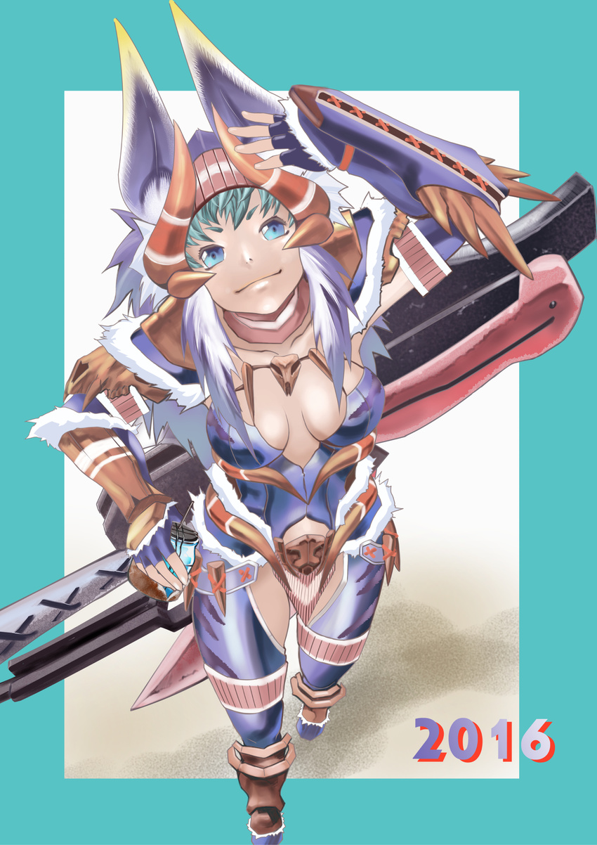 2016 aqua_hair arm_up armor axe blue_eyes boots breasts breasts_apart capcom commentary_request cup drinking_glass drinking_straw female fingerless_gloves from_above gateofrage gauntlets gloves helmet highres holding holding_cup huge_weapon looking_at_viewer medium_breasts monster_hunter_(character) monster_hunter_(series) monster_hunter_x smile solo strange_(armor) switch_axe walking weapon weapon_on_back