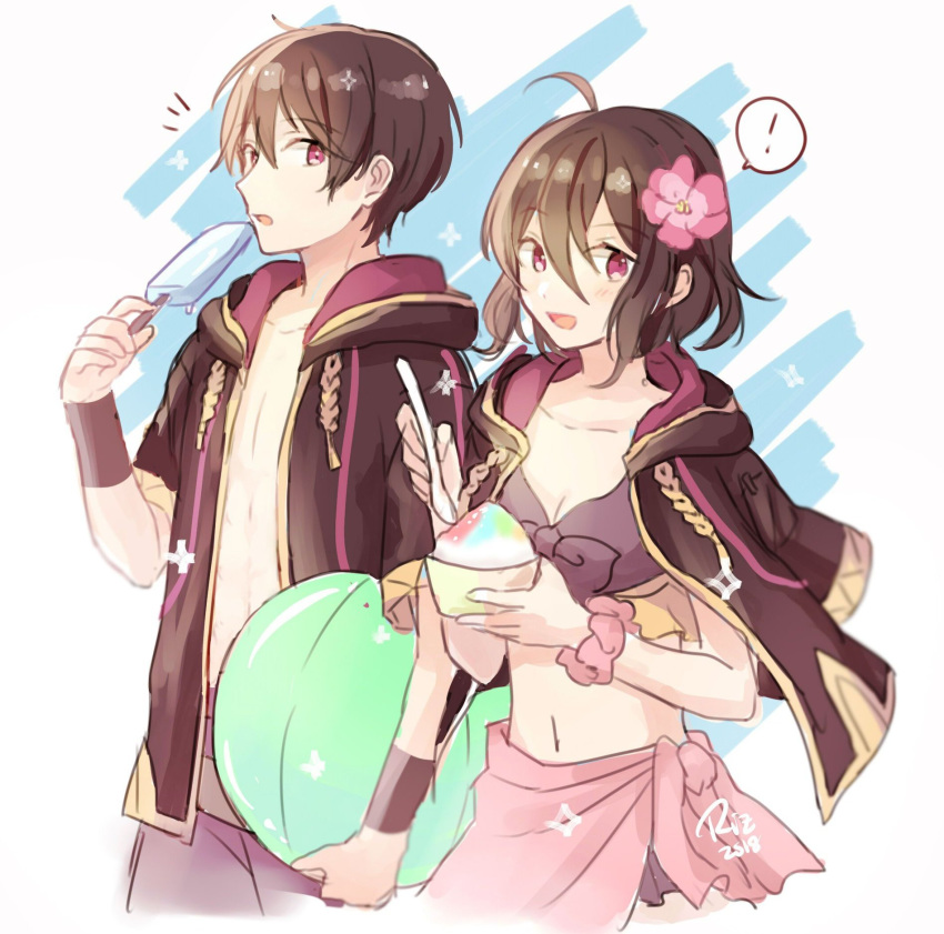 ! 1boy ball beachball black_hair breasts cleavage commentary dinikee dual_persona english_commentary female fire_emblem fire_emblem_awakening fire_emblem_heroes flower food hair_flower hair_ornament highres holding holding_spoon hood hood_down ice_cream morgan_(female)_(fire_emblem) morgan_(fire_emblem) morgan_(male)_(fire_emblem) navel open_clothes open_mouth pink_flower pink_sarong popsicle red_eyes sarong shaved_ice short_hair smile spoken_exclamation_mark spoon swimsuit wristband