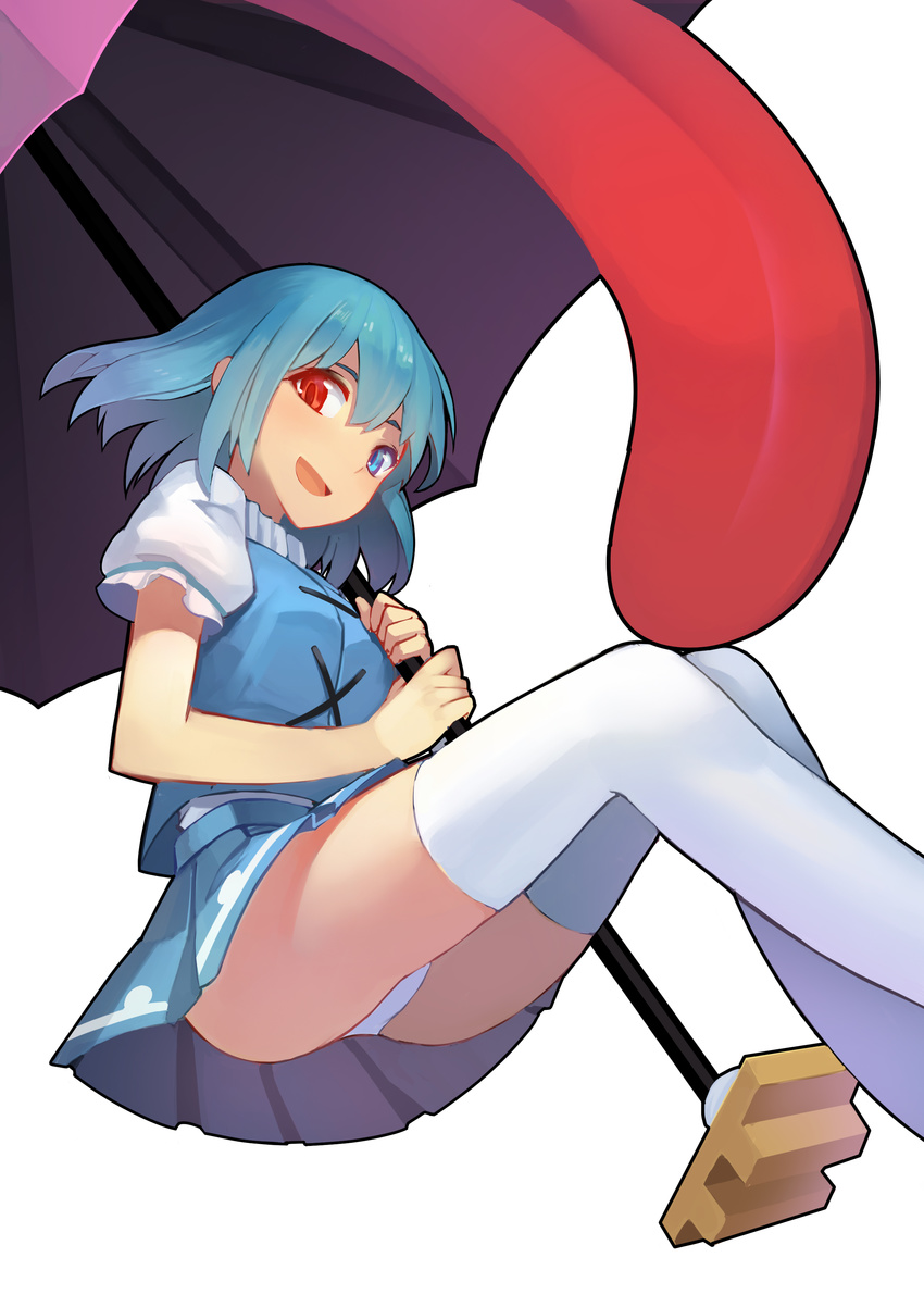 absurdres aqua_eyes aqua_hair ass commentary_request female fps from_below heterochromia highres karakasa_obake looking_at_viewer miniskirt open_mouth panties pantyshot photoshop_(medium) puffy_short_sleeves puffy_sleeves red_eyes shirt short_hair short_sleeves simple_background skirt skirt_set smile solo tatara_kogasa thighhighs tongue touhou umbrella underwear upskirt vest white_background white_panties white_thighhighs