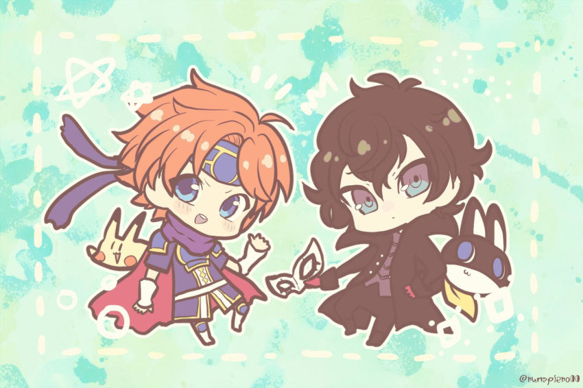 2boys amamiya_ren armor black_hair blue_armor blue_eyes chibi commentary_request fire_emblem fire_emblem:_the_binding_blade fukuyama_jun gloves headband highres jacket looking_at_viewer male_focus mask morgana_(persona_5) multiple_boys ootani_ikue pants persona persona_5 pikachu plaid plaid_pants pokemon pokemon_(creature) red_eyes red_gloves roy_(fire_emblem) runapiero short_hair simple_background super_smash_bros. voice_actor_connection weapon