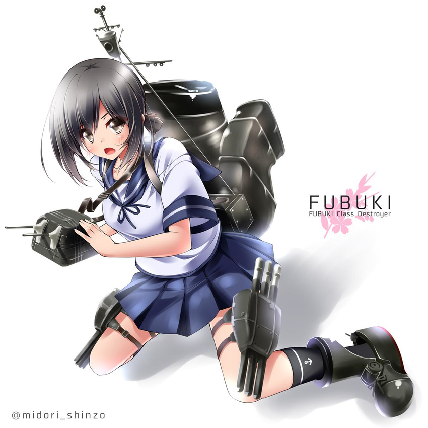 anchor_symbol bad_id bad_twitter_id black_hair black_socks blue_skirt blush character_name commentary_request female fubuki_(kancolle) full_body grey_eyes highres kantai_collection kneeling looking_at_viewer low_ponytail machinery midoriiro_no_shinzou open_mouth pleated_skirt ponytail school_uniform serafuku short_hair short_ponytail short_sleeves sidelocks skirt socks solo turret twitter_username