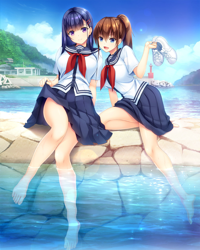 2girls :d asami_asami bad_link bare_legs barefoot blue_eyes blue_hair brown_hair clothes_lift day fujisaki_haruka hair_ornament hairclip high_ponytail highres holding holding_shoes jpeg_artifacts legs long_hair looking_at_viewer multiple_girls natural_vacation neckerchief oerba_yun_fang open_mouth outdoors pleated_skirt purple_eyes sarashina_yuzuki school_uniform serafuku shoes short_sleeves sitting skirt skirt_lift smile soaking_feet unworn_shoes water