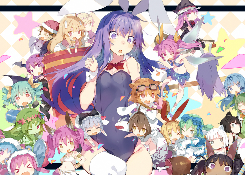 >_< 6+girls :d :o ahoge animal_ears animal_hood aqua_hair aruraune_(rabi-ribi) ashuri_(rabi-ribi) bangle black_bow black_dress black_hair blonde_hair blue_bow blue_dress blue_eyes blue_hair blunt_bangs bone bow bracelet braid broom broom_riding brown_hair checkered_background chibi chocolate_(rabi_ribi) cicini_(rabi-ribi) closed_eyes cocoa_(rabi_ribi) colored_skin commentary_request confetti dark-skinned_female dark_skin dress drill_hair erina_(rabi-ribi) everyone fairy_wings flower food goggles goggles_on_head green_eyes green_hair green_skin grey_eyes hair_flower hair_ornament hair_ribbon hairbow hands_on_own_hips hat head_wings hood irisu_(rabi_ribi) jewelry karei keke_bunny kotri_(rabi-ribi) light_brown_hair lilith_(rabi-ribi) long_hair meat meaty_bone midriff miriam_(rabi_ribi) miru_(rabi_ribi) multiple_girls navel nieve_(rabi_ribi) nixie_(rabi_ribi) noah_(rabi_ribi) one_eye_closed open_mouth pandora_(rabi-ribi) pink_eyes pink_hair playboy_bunny purple_eyes purple_hair rabbit_ears rabi-ribi red_eyes ribbon ribbon_(rabi-ribi) rita_(rabi-ribi) rumi_(rabi_ribi) santa_hat saya_(rabi_ribi) seana_(rabi_ribi) short_hair sideways_glance smile star_(symbol) stuffed_animal stuffed_toy surrounded syaro_(rabi-ribi) vanilla_(rabi_ribi) white_hair wings wrist_cuffs