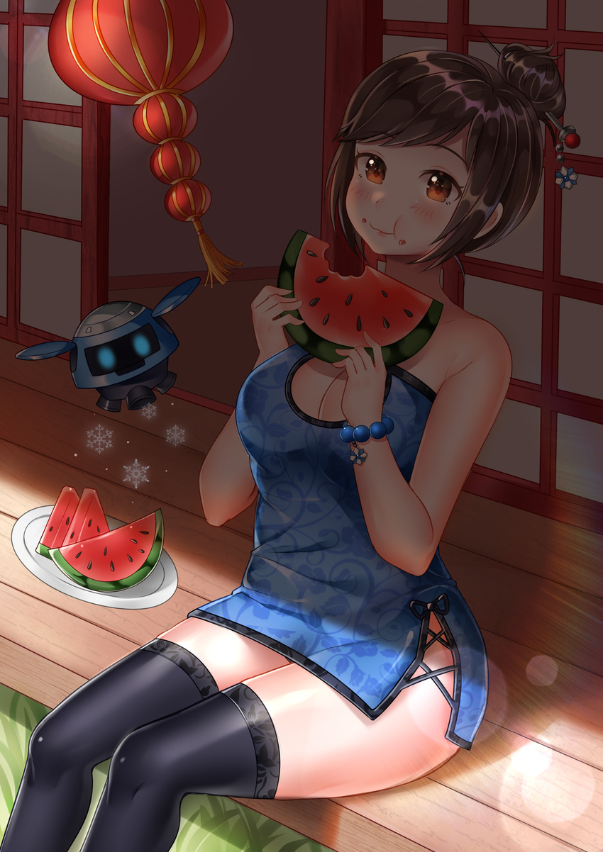 absurdres bad_id bad_pixiv_id bare_arms bare_shoulders bead_bracelet beads black-framed_eyewear black_thighhighs blue_dress blush bracelet breasts brown_eyes brown_hair china_dress chinese_clothes cleavage cleavage_cutout clothing_cutout dress drone eating female floating food food_on_face fruit glasses hair_bun hair_ornament hair_stick highres jewelry large_breasts machinery mei_(overwatch) overwatch overwatch_1 plate robot short_dress short_hair side_slit sidelocks single_hair_bun sitting sleeveless sleeveless_dress snowball_(overwatch) snowflake_hair_ornament snowflakes solo swept_bangs thighhighs ubi_(ekdus6080) watermelon