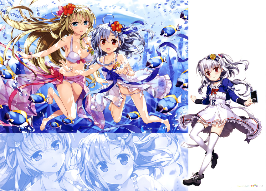 2girls :d absurdres ahoge air_bubble bare_shoulders barefoot bikini black_footwear blonde_hair blue_bow blue_choker blue_eyes blue_hair blue_jacket blush bow bow_bikini bow_skirt bowtie bracelet breasts bubble card choker cleavage collarbone cropped_jacket day dress english_text fish flower food-themed_hair_ornament frilled_dress frilled_skirt frills fujima_takuya glowing hair_between_eyes hair_flower hair_ornament hairbow hibiscus highres holding holding_card jacket jewelry juliet_sleeves kagamihara_azumi large_breasts layered_skirt leg_up light_blue_hair long_sleeves looking_at_viewer multiple_girls navel official_art one_side_up open_clothes open_dress open_hands open_mouth orange_hair_ornament outdoors outstretched_hand page_number pearl_bracelet pink_bow pink_sarong print_dress print_sarong puffy_sleeves red_bow red_bowtie red_eyes red_flower rigel_(z/x) rose sarong scan seashell_bracelet shirt side-tie_bikini_bottom silver_hair simple_background single_stripe skindentation skirt small_breasts smile star_(symbol) striped_clothes striped_jacket submerged sunlight surgeonfish swimsuit thighhighs tongue towel tropical_fish underwater underwater_city white_background white_bikini white_bow white_dress white_legwear white_shirt white_skirt white_stripes yellow_flower yellow_rose z/x zettai_ryouiki zoom_layer