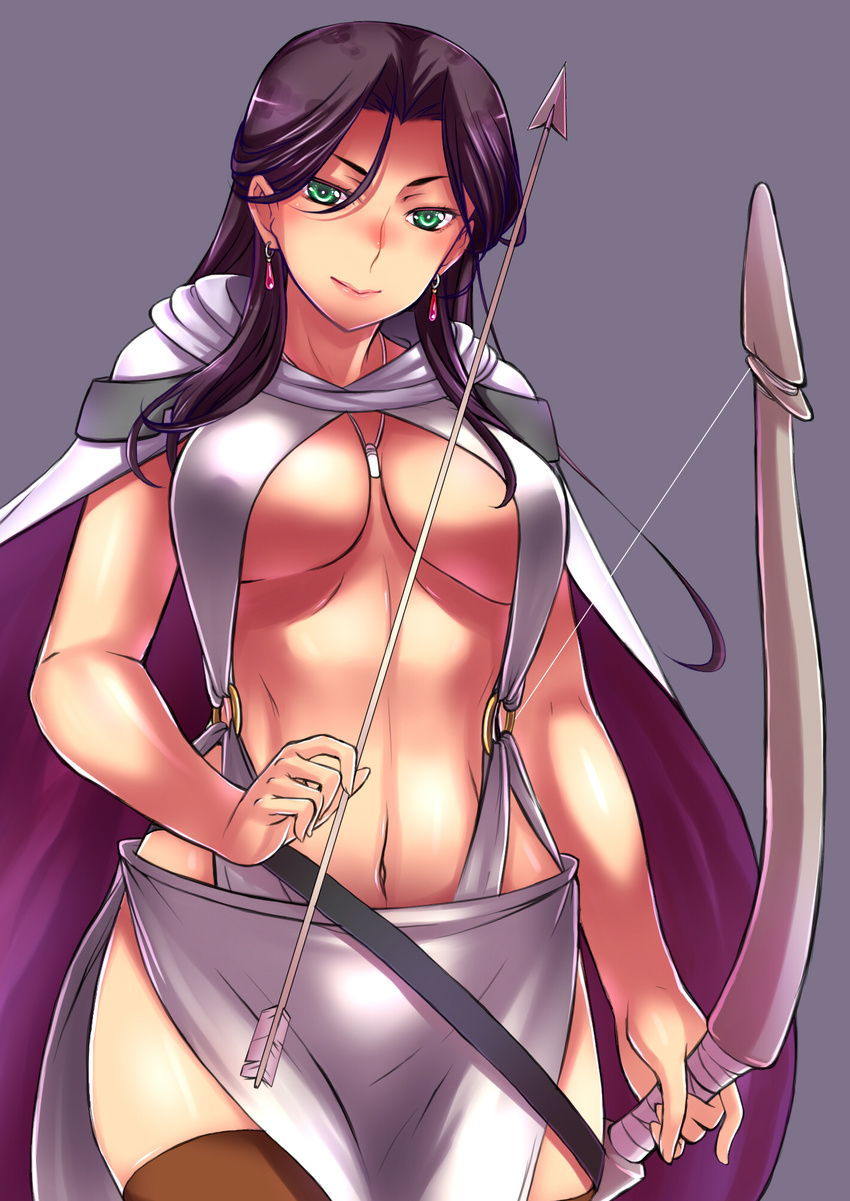 arrow_(projectile) arslan_senki bad_id bad_pixiv_id black_hair bow_(weapon) breasts cape chiha_(abo_ecm_mk25) earrings falangies female green_eyes highres jewelry large_breasts loincloth navel revealing_clothes solo thighhighs weapon