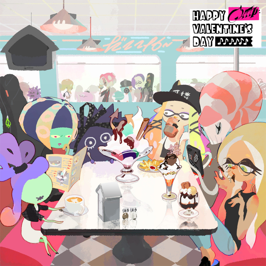 2boys 6+girls aachin_(splatoon) absurdres bibi_(splatoon) black_hair black_ribbon black_shirt blonde_hair booth_seating casual cellphone coffee colored_sclera colored_skin commentary_request denim diner dress food french_fries gradient_hair green_eyes green_skin guitar_case happy_valentine hat headphones highres ice_cream ikkan_(splatoon) inkling inkling_boy inkling_girl inkling_player_character inoue_seita instrument_case jeans jellyfish_(splatoon) karen_(splatoon) kitamura_(splatoon) latte_art long_hair mayaya_(splatoon) menu multicolored_hair multiple_boys multiple_girls napkin_holder nautilus_(animal) no_eyes official_art pants parfait pepper_shaker phone pointy_ears purple_hair red_hair ribbon salt_shaker sea_urchin shirt sitting sleeveless sleeveless_shirt smartphone splatoon_(series) splatoon_2 spoon streaked_hair sundae table tentacle_hair tentacle_piercing thinking tile_floor tiles tray valentine warabi_(splatoon) yellow_sclera yoko_(splatoon)