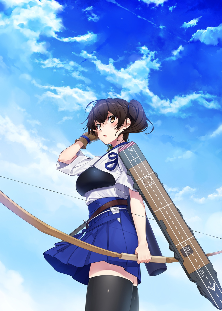 black_thighhighs blue_sky bow_(weapon) brown_eyes brown_hair cloud commentary_request day female flight_deck from_below gloves hakama hakama_short_skirt hakama_skirt highres japanese_clothes kaga_(kancolle) kantai_collection long_hair muneate nezumidoshi open_mouth outdoors partially_fingerless_gloves short_sleeves side_ponytail skirt sky smile solo standing tasuki thighhighs weapon yugake yumi_(bow)