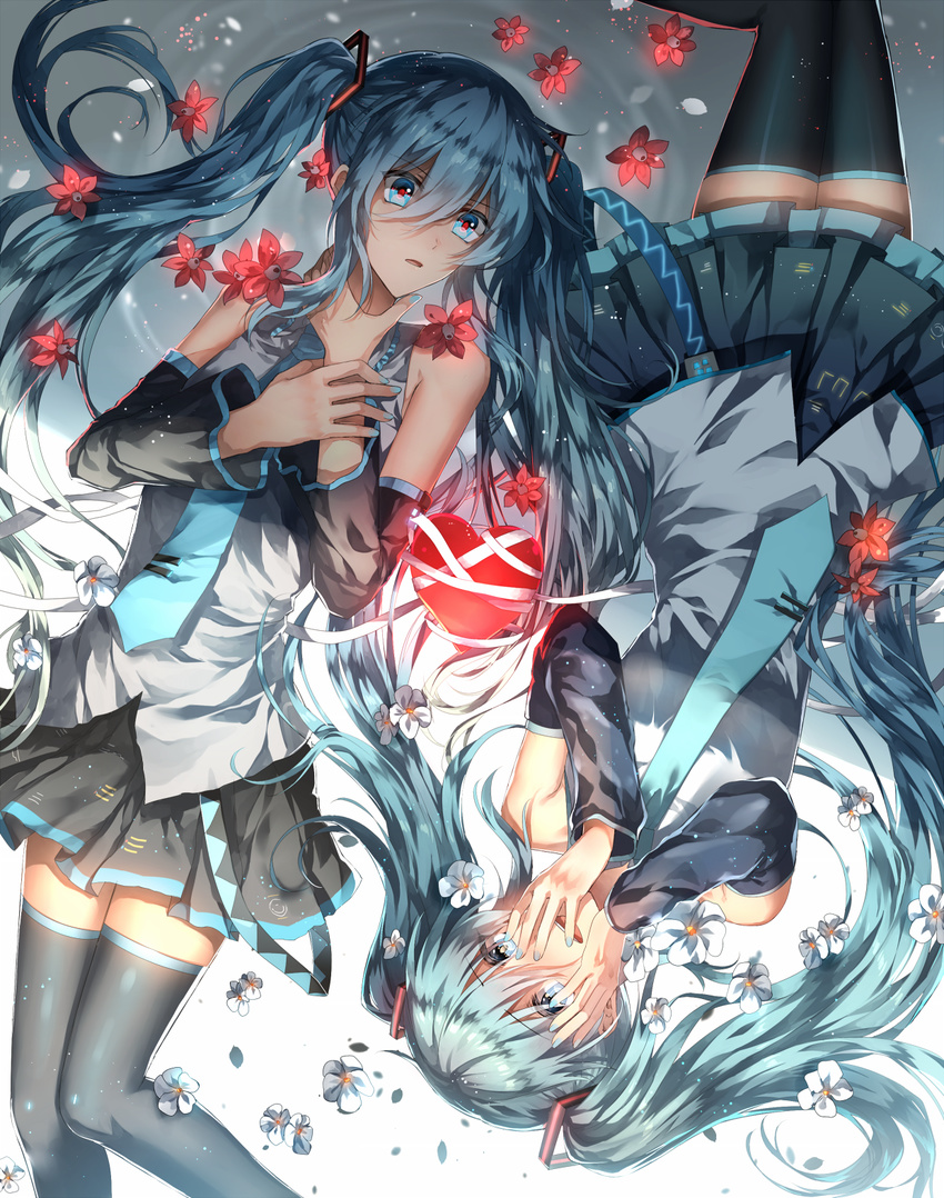 2girls black_legwear black_skirt blue_eyes blue_hair blue_necktie commentary_request detached_sleeves ghost_rule_(vocaloid) hair_between_eyes hair_ornament hatsune_miku highres kuga_huna liar_dance_(vocaloid) long_hair multiple_girls necktie pleated_skirt shirt skirt thighhighs twintails vocaloid white_shirt zettai_ryouiki