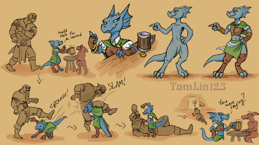 2019 alcohol beer beverage blue_body blue_scales clothing ear_frill female fight frill_(anatomy) humanoid kobold lasi male membrane_(anatomy) membranous_frill orc scales scalie simple_background smug tamlin123