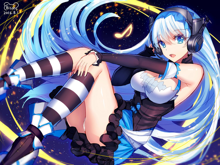 bare_shoulders bison_cangshu blue_eyes blue_hair breasts chinese_commentary commentary_request dated detached_sleeves eighth_note female guam_(warship_girls_r) hairband headset kneehighs large_breasts long_hair looking_at_viewer musical_note open_mouth panties photoshop_(medium) socks solo striped_clothes striped_socks underwear very_long_hair warship_girls_r