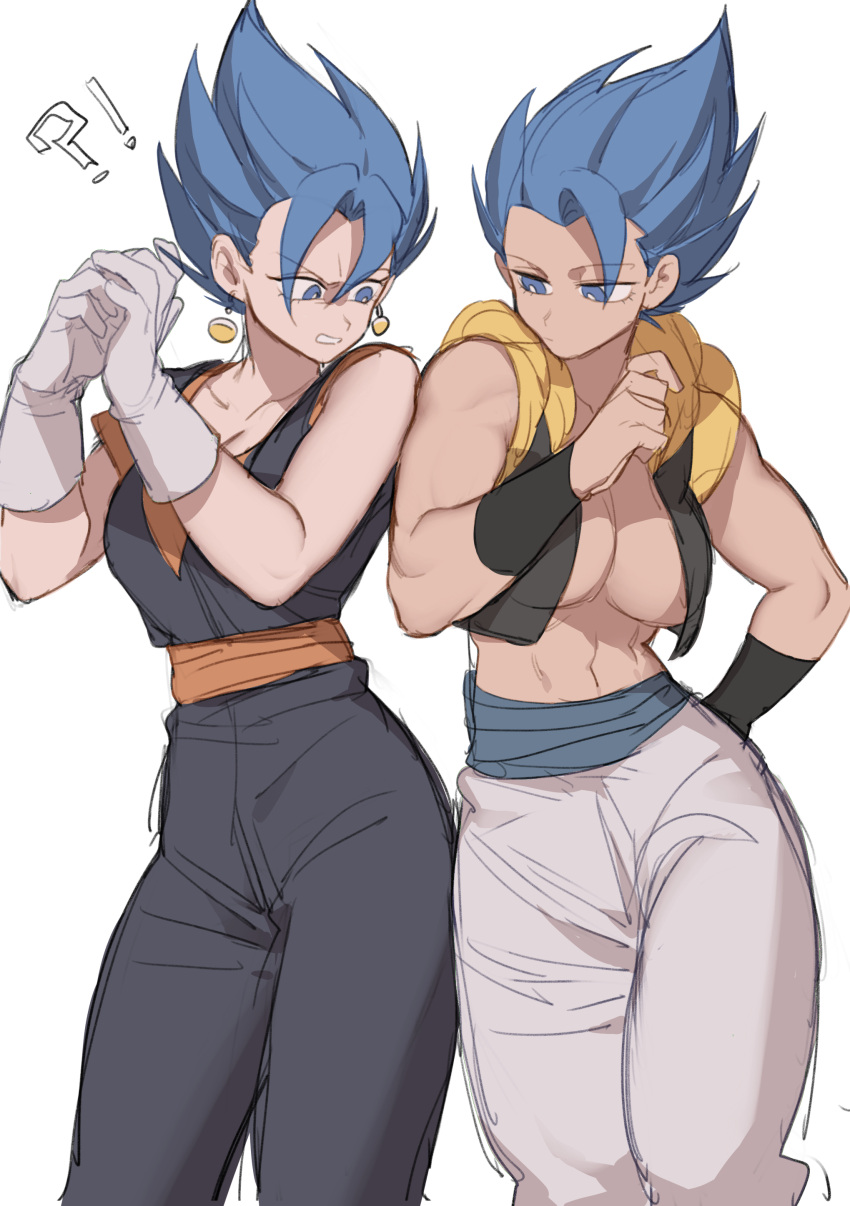 2girls absurdres blue_eyes blue_sash commentary_request dragon_ball dragon_ball_super dragon_ball_super_broly earrings fuka_(kirrier) genderswap_(mtf) gogeta highres jewelry metamoran_vest midriff multiple_girls pants potara_earrings rule_63 sash simple_background single_bang spiked_hair stomach super_saiyan super_saiyan_blue toned toned_female vegetto white_pants