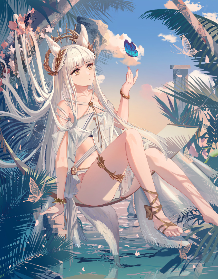 absurdres animal_ear_fluff animal_ears arknights bandeau barefoot bikini bug butterfly criss-cross_halter cross-laced_sandals female halterneck highres horse_ears horse_girl horse_tail hui_mou jewelry laurel_crown looking_at_animal official_alternate_costume palm_leaf platinum_(arknights) platinum_(shimmering_dew)_(arknights) sitting solo striped_sash swimsuit swimsuit_cover-up tail thighlet white_bikini white_hair