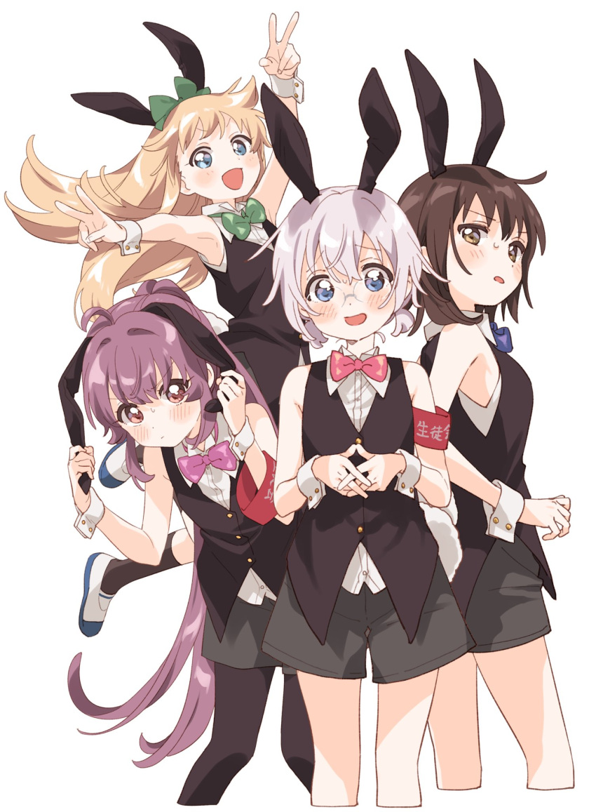 4girls ahoge animal_ears arm_up armband armpits black_hair black_pantyhose black_shorts black_socks black_vest blonde_hair blue_bow blue_bowtie blue_eyes blush bow bowtie breasts brown_eyes buttons closed_mouth collared_shirt commentary cropped_legs double_v fake_animal_ears fake_tail from_behind funami_yui glasses green_bow green_bowtie grey_hair hair_between_eyes hair_intakes hair_ornament hairbow hands_up highres holding_ears ikeda_chitose jumping leg_up long_hair looking_at_viewer low_twintails medium_breasts multiple_girls namori nontraditional_playboy_bunny open_mouth own_hands_clasped own_hands_together pantyhose pink_bow pink_bowtie ponytail purple_bow purple_bowtie purple_eyes purple_hair rabbit_ears rabbit_hair_ornament rabbit_tail raised_eyebrows red_armband shirt shoes short_hair shorts simple_background sleeveless sleeveless_shirt smile socks standing straight-on sugiura_ayano sweatdrop tail toshinou_kyouko twintails uwabaki v v-shaped_eyebrows very_long_hair vest white_background white_shirt white_wrist_cuffs wrist_cuffs yuru_yuri