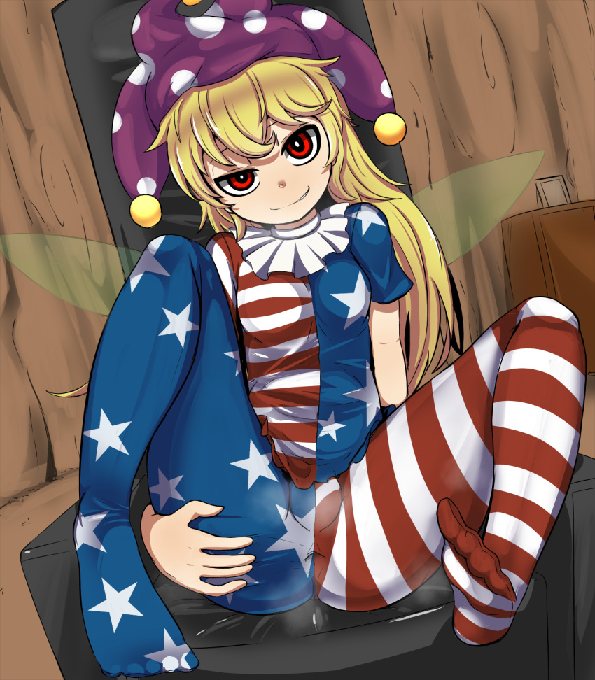 american_flag_dress american_flag_legwear blonde_hair breasts clownpiece covered_anus epic_armageddon fairy fairy_wings feet hat highres jester_cap long_hair red_eyes sitting small_breasts smile spread_legs touhou wings