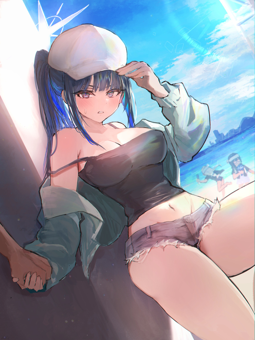 10_04ten 3girls absurdres aqua_jacket baseball_cap black_camisole blue_archive blue_halo camisole colored_inner_hair commentary cross_halo denim denim_shorts female halo hat highres holding_hands jacket multicolored_hair multiple_girls official_alternate_costume saori_(blue_archive) saori_(swimsuit)_(blue_archive) shorts symbol-only_commentary white_hat