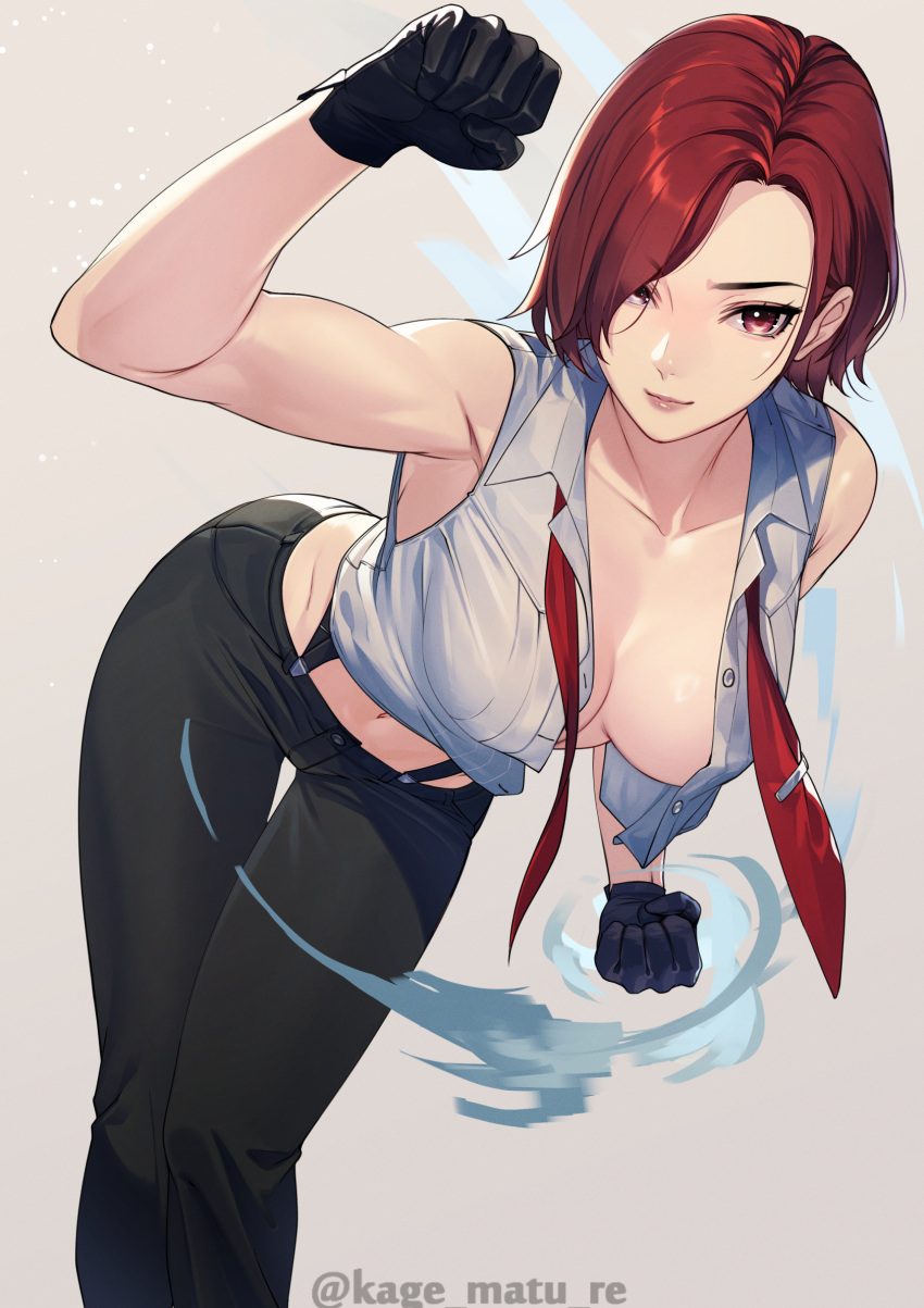 arm_up artist_name bare_shoulders black_gloves black_pants blush breasts center_opening clenched_hands closed_mouth commentary_request female gloves grey_background highres kagematsuri large_breasts looking_at_viewer navel pants red_eyes red_hair shirt short_hair simple_background sleeveless sleeveless_shirt smile solo the_king_of_fighters vanessa_(kof) white_shirt