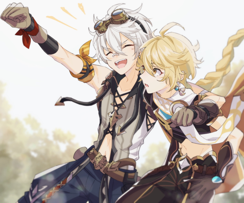 2boys aether_(genshin_impact) arm_up baggy_pants bennett_(genshin_impact) blonde_hair braid braided_ponytail clenched_hand commentary_request earrings genshin_impact gloves goggles grey_hair highres jewelry midriff mizuamememe multiple_boys navel open_mouth pants scarf shirt shorts sleeveless sleeveless_shirt smile vambraces yellow_eyes