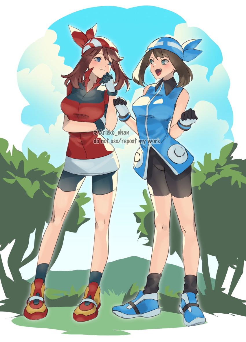 2girls :d ariekochan arms_up artist_name bandana bike_shorts black_shorts black_socks blue_bandana blue_eyes blue_sky breasts brown_hair clenched_hand cloud commentary dual_persona english_commentary english_text fangs full_body highres large_breasts long_hair may_(pokemon) multiple_girls outdoors poke_ball_print pokemon pokemon_adventures pokemon_rse red_bandana shorts sky smile socks standing twitter_username v-shaped_eyebrows watermark