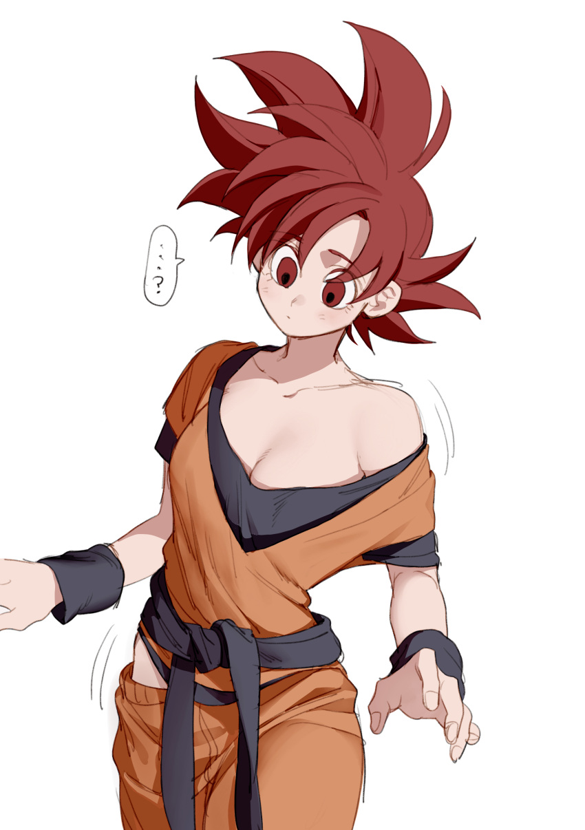 absurdres commentary_request dougi dragon_ball dragon_ball_z fuka_(kirrier) genderswap_(mtf) highres loose_clothes pants red_eyes red_hair rule_63 simple_background solo son_goku spiked_hair super_saiyan super_saiyan_god wristband