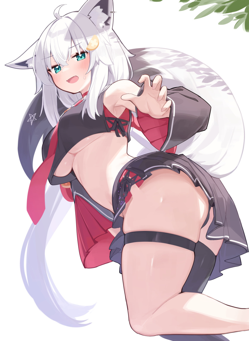 absurdres ahoge animal_ear_fluff animal_ear_piercing animal_ears aqua_eyes black_panties black_serafuku black_shirt black_skirt black_sleeves black_thighhighs blush breasts commentary_request cosplay cropped_shirt cross-laced_slit crossed_bangs deaver detached_sleeves double-parted_bangs female fox_ears fox_girl fox_tail fusion hair_between_eyes hair_ornament hairclip highres hololive large_breasts long_hair looking_at_viewer low_ponytail midriff miniskirt necktie ookami_mio ookami_mio_(1st_costume) ookami_mio_(cosplay) panties pantyshot pentagram pleated_skirt red_necktie school_uniform serafuku shirakami_fubuki shirt side_slit sidelocks simple_background single_thighhigh skirt sleeveless sleeveless_shirt solo tail thigh_strap thighhighs underboob underwear very_long_hair virtual_youtuber white_background white_hair wide_sleeves