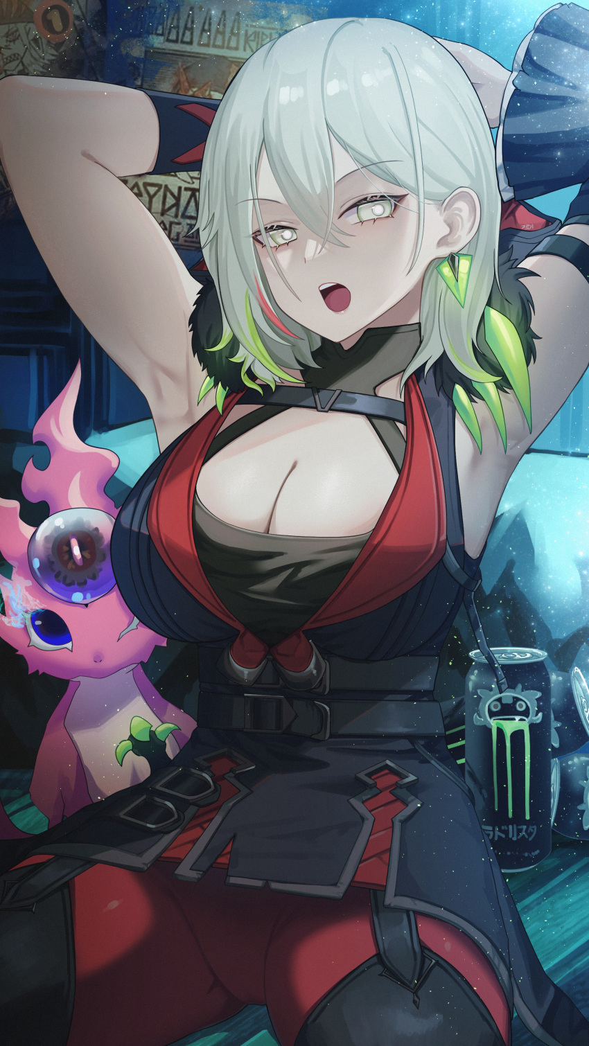 absurdres armpits arms_behind_head breasts cleavage colored_tips commentary detached_sleeves diabellstar_the_black_witch dress duel_monster female gmg green_eyes green_hair grey_eyes grey_hair highres hood hood_up large_breasts medium_hair monster_energy multicolored_hair open_mouth pale_skin red_hair single_sleeve snake-eyes_poplar yu-gi-oh!