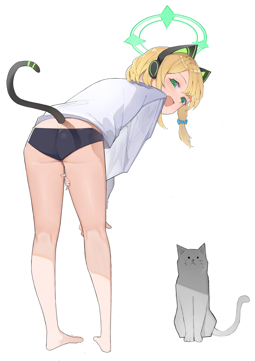 @_@ absurdres animal_ear_headphones animal_ears ass barefoot black_bloomers black_buruma blonde_hair bloomers blue_archive blush buruma commentary_request djan fake_animal_ears feline female green_eyes green_halo green_ribbons hair_ribbon halo headphones highres long_sleeves looking_at_viewer midori_(blue_archive) open_mouth ribbon shirt short_hair simple_background smile tail white_background white_shirt