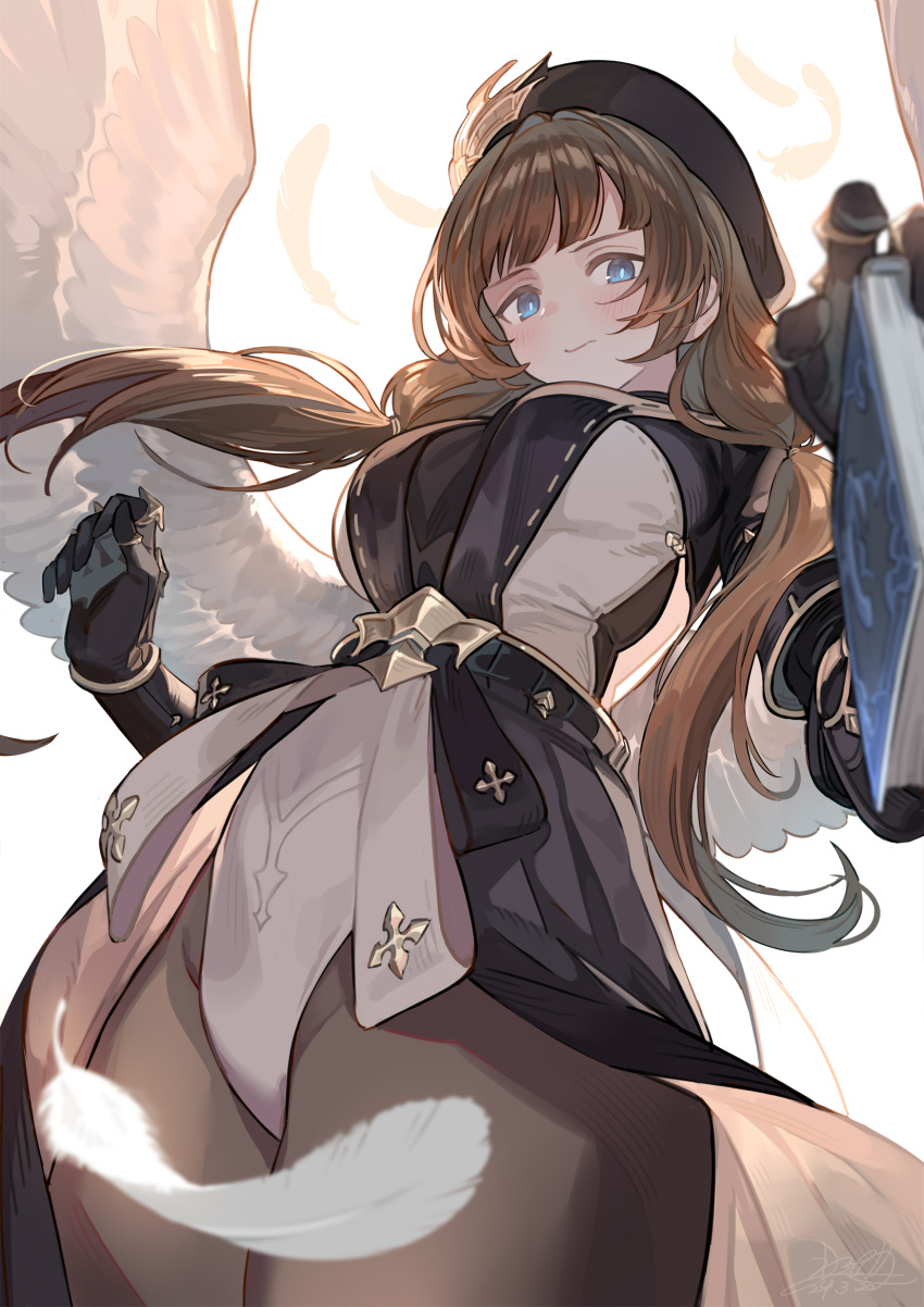 beret black_bodysuit black_gloves blue_eyes blush bodysuit book breasts bright_pupils brown_hair closed_mouth commentary_request falling_feathers feathered_wings feathers female gloves granblue_fantasy hat highres holding holding_book large_breasts leotard long_hair looking_at_viewer low_twintails nao_(syn_eaa) pantyhose raziel_(granblue_fantasy) showgirl_skirt solo thighs twintails upper_body white_leotard white_pupils white_wings wings