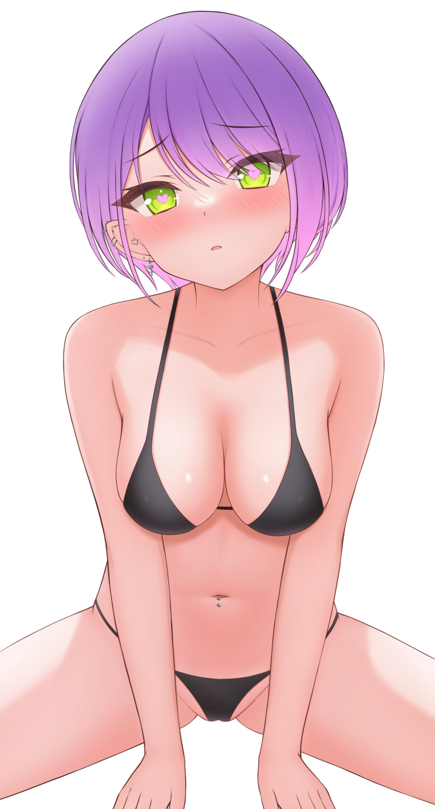 :o absurdres bikini black_bikini blush breasts cameltoe chinese_commentary chocomaru cleavage collarbone ear_piercing female green_eyes hair_ornament heart heart-shaped_pupils highres hololive large_breasts long_hair looking_at_viewer lovestruck navel_piercing open_mouth piercing purple_hair short_hair sideboob sitting solo spread_legs swimsuit symbol-shaped_pupils tokoyami_towa virtual_youtuber