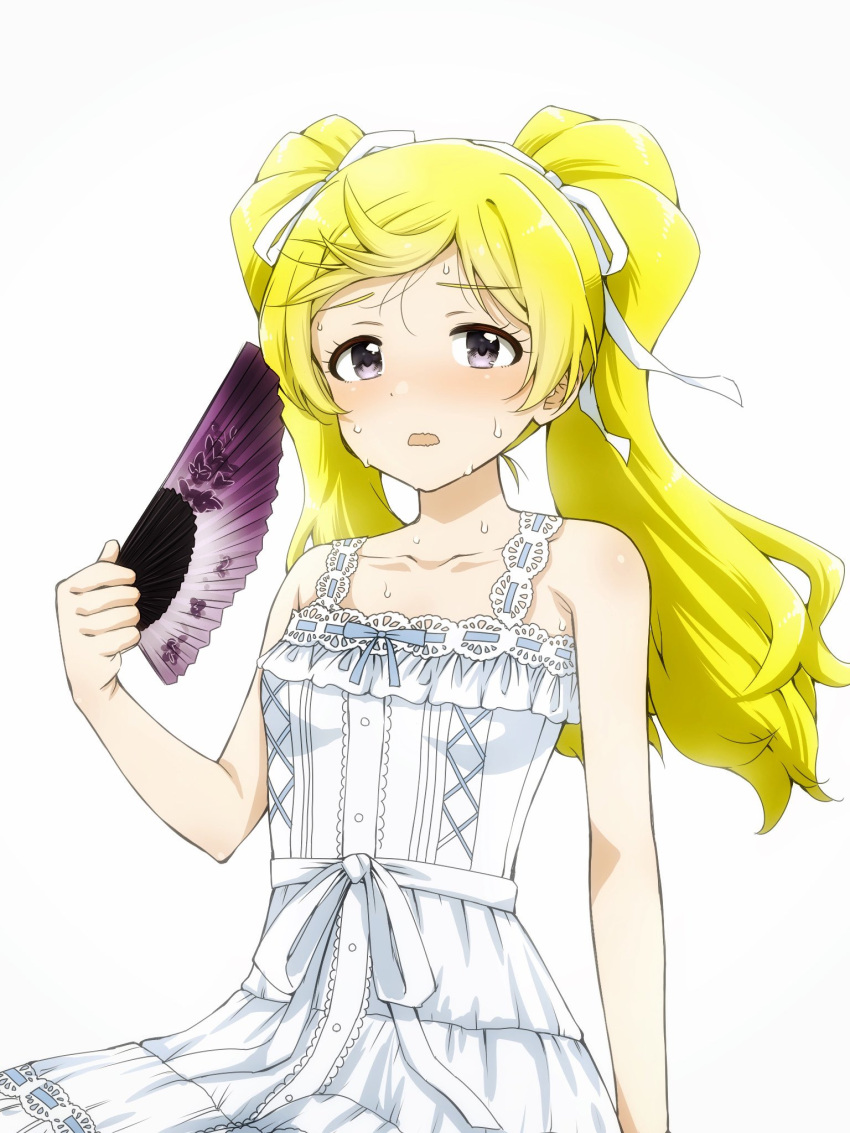 alternate_costume armpits bare_shoulders blonde_hair blue_ribbon blush breasts collarbone commentary_request dot_nose dress eyelashes fanning fanning_face fanning_self female folding_fan hair_ribbon hand_fan highres holding holding_fan hot idolmaster idolmaster_million_live! idolmaster_million_live!_theater_days lace-trimmed_dress lace_trim lone_nape_hair long_hair looking_at_viewer matcha_kingyo nose_blush open_mouth parted_bangs pure_onepiece_(idolmaster) purple_eyes ribbon ribbon-trimmed_dress sidelocks simple_background sitting small_breasts solo sundress sweat twintails upper_body waist_ribbon wavy_hair wavy_mouth white_background white_dress white_ribbon