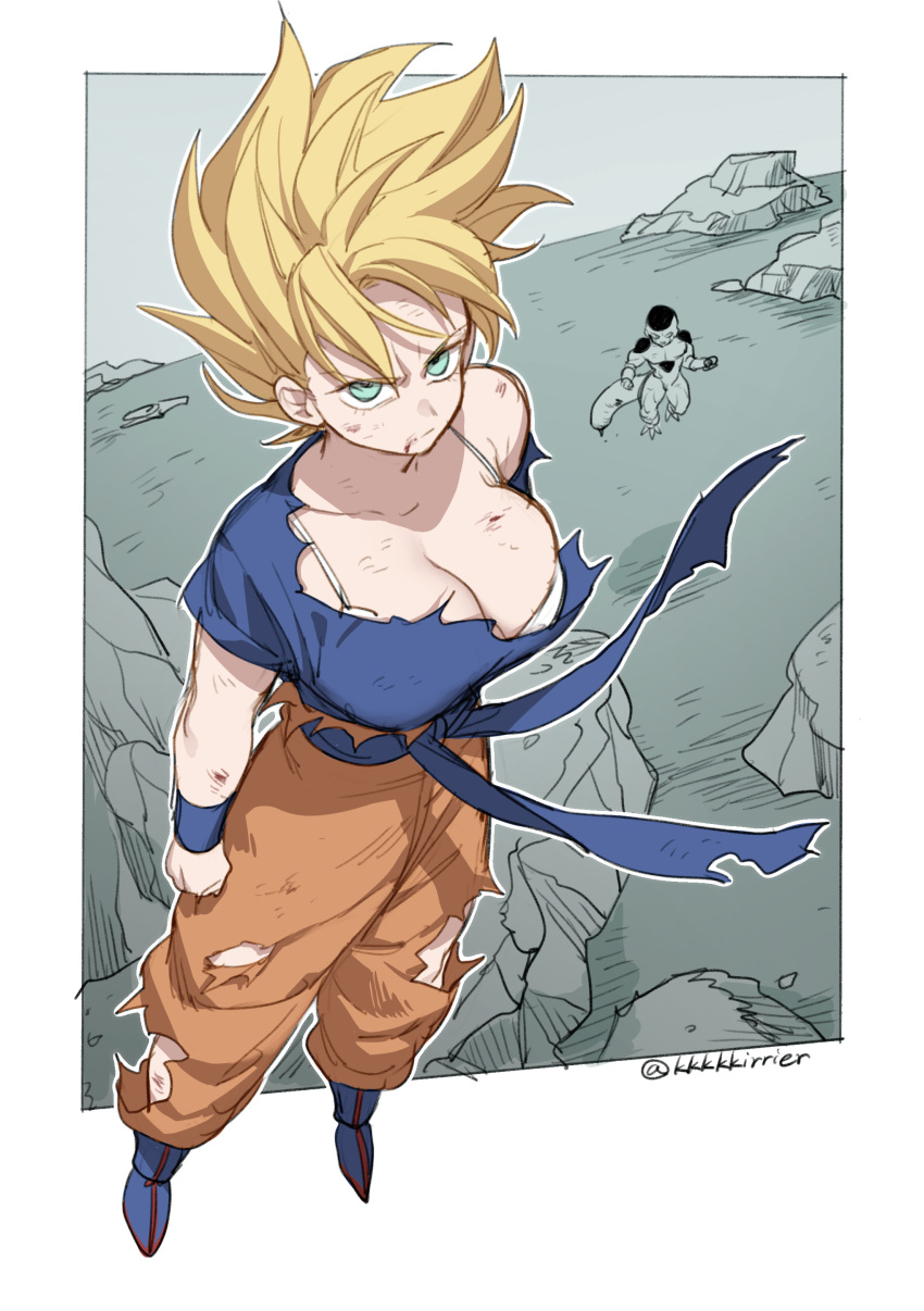 absurdres alien artist_name blonde_hair blue_sash breasts commentary_request dragon_ball dragon_ball_z female final_form_frieza frieza fuka_(kirrier) genderswap_(mtf) highres namek pants rule_63 sash shirt short_hair son_goku spiked_hair super_saiyan torn_clothes