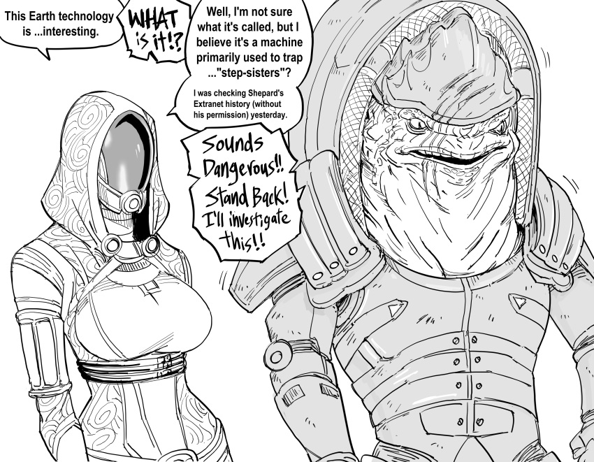 1boy absurdres alien armor bb_(baalbuddy) english_text faceless faceless_female female greyscale highres hood looking_to_the_side mass_effect_(series) monochrome scar scar_on_face speech_bubble tali'zorah urdnot_wrex