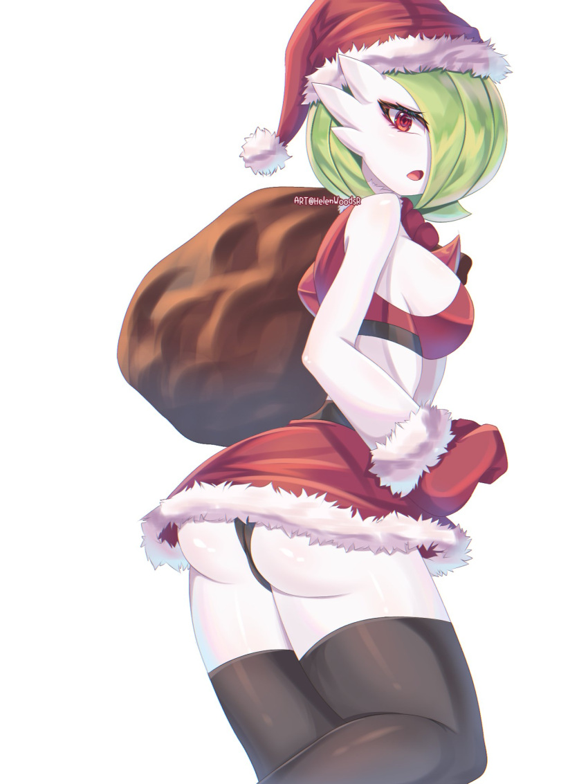 artist_name ass bag black_panties black_thighhighs bob_cut breasts colored_skin crop_top female fur-trimmed_gloves fur-trimmed_skirt fur_trim gardevoir gloves green_hair hair_over_one_eye hat helenwoodsr highres looking_at_viewer looking_back midriff open_mouth panties pantyshot pink_eyes pokemon pokemon_(creature) red_gloves red_skirt santa_costume santa_hat simple_background skirt thighhighs underwear white_skin