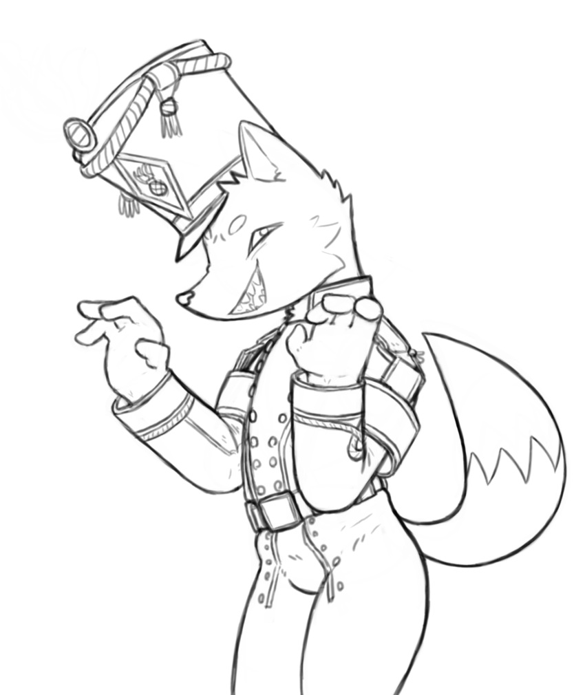 2023 anthro bottomwear canid canine clothed clothing digital_drawing_(artwork) digital_media_(artwork) drawpile_(artwork) fox fully_clothed fur half-length_portrait hat headgear headwear hi_res male mammal military_uniform napoleonic officer open_mouth open_smile pants portrait raised_tail simple_background smile snout solo standing tail teeth uniform us_cannonfodder