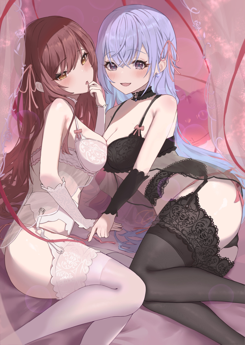 2girls absurdres asymmetrical_docking bed_sheet black_bra black_garter_belt black_thighhighs blue_hair blush bra breast_press breasts brown_hair cleavage commentary_request detached_sleeves garter_belt highres idolmaster idolmaster_shiny_colors lace-trimmed_panties lace-trimmed_thighhighs lace_trim lingerie long_hair looking_at_viewer medium_breasts multiple_girls nekoplanetouo osaki_amana panties red_ribbon ribbon ribbon_trim smile straight_hair suzuki_hana thighhighs underwear very_long_hair white_garter_belt white_thighhighs