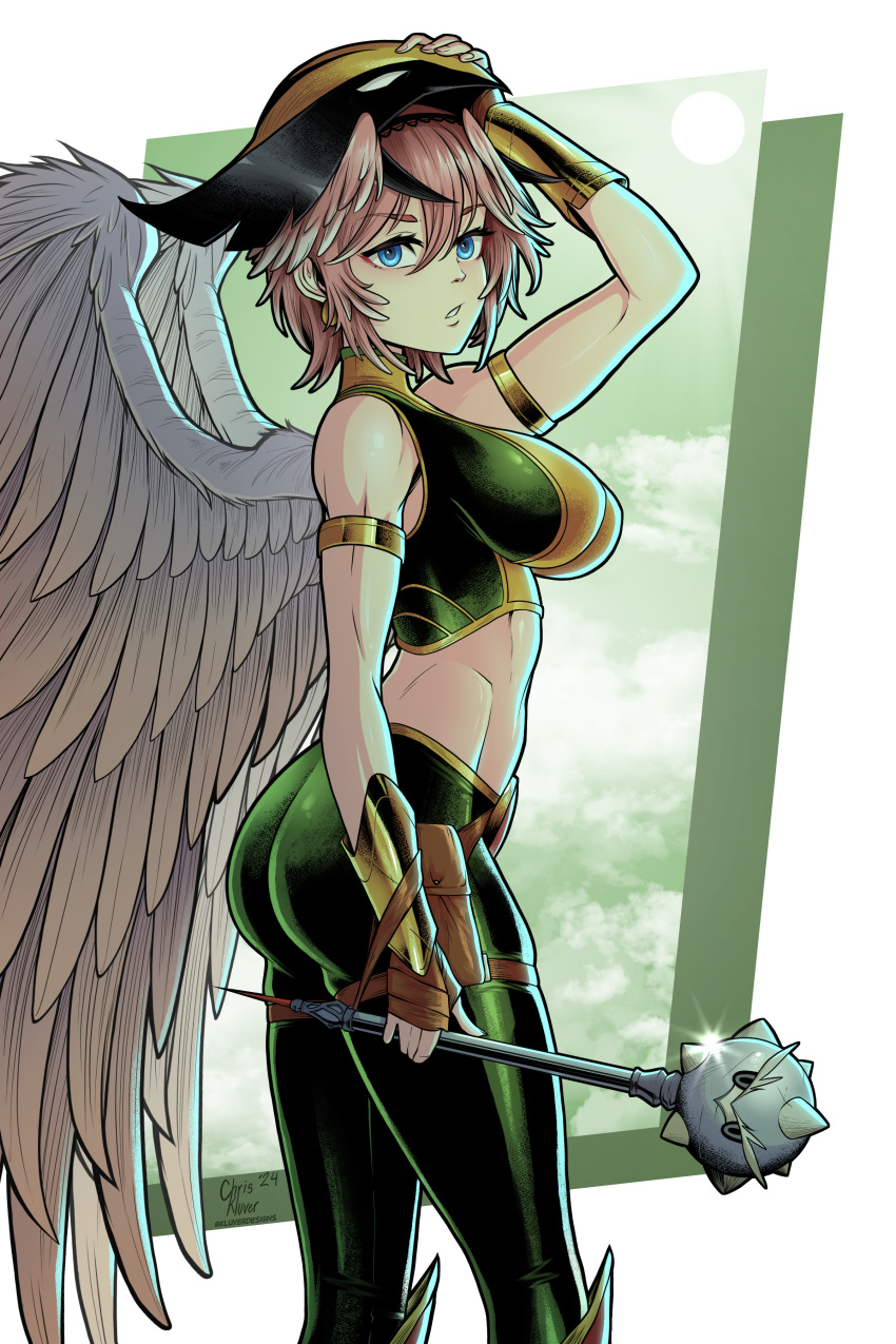 absurdres arm_strap arm_up ass black_hairband blue_eyes breasts commentary cosplay cropped_shirt dc_comics double-parted_bangs english_commentary feathered_wings female from_side ganmo_(takane_lui) green_pants green_shirt hair_between_eyes hair_wings hairband hand_on_own_head hawkgirl highres holding holding_mace holding_weapon hololive kluverdesigns large_breasts large_wings mace mask mask_on_head midriff pants pink_hair pouch shirt short_hair skin_tight sleeveless sleeveless_shirt solo spiked_mace spikes standing takane_lui thigh_pouch thigh_strap two-tone_shirt vambraces virtual_youtuber weapon white_wings wings yellow_shirt