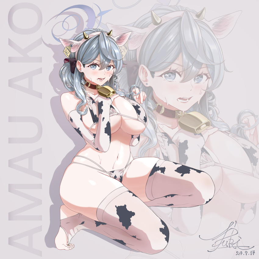 absurdres ako_(blue_archive) animal_ears animal_print bell bikini blue_archive blue_eyes blue_hair blue_halo breasts character_name cow_ears cow_horns cow_print cow_print_bikini cow_print_gloves cow_print_thighhighs cowbell ear_tag elbow_gloves fake_animal_ears fake_horns female fingerless_gloves gloves hair_between_eyes halo highres horns large_breasts multi-strapped_bikini_bottom navel neck_bell print_bikini print_gloves print_thighhighs puki_putaro stirrup_legwear sweat swimsuit thighhighs toeless_legwear zoom_layer