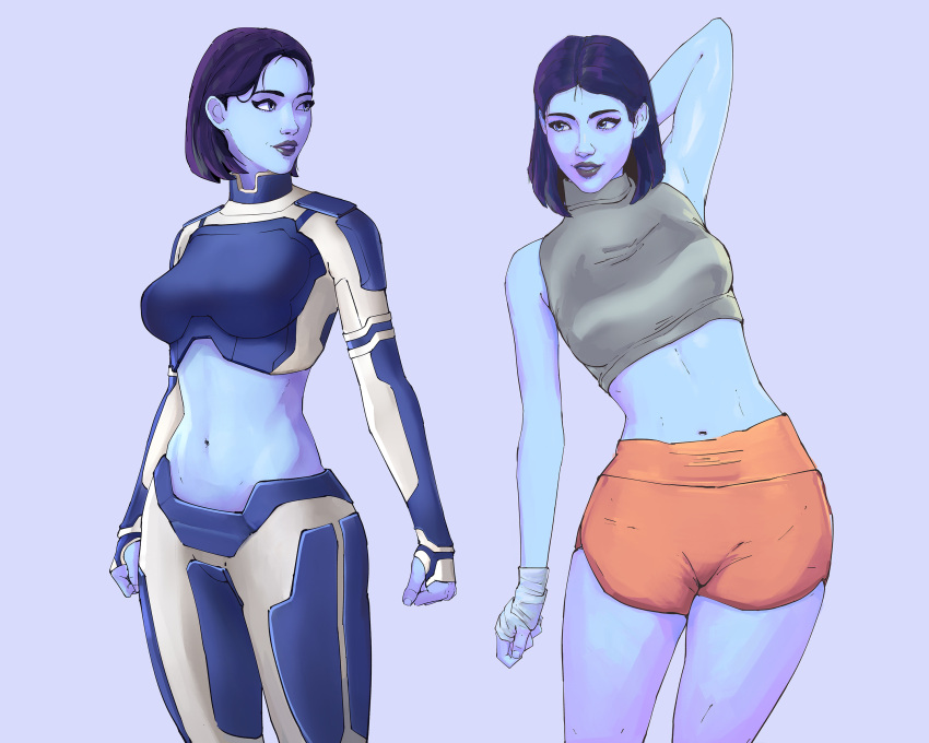 adapted_costume alternate_costume arm_behind_head blue_eyes blue_hair blue_skin colored_skin english_commentary female fingerless_gloves gloves grey_shirt gym_shorts hair_behind_ear halo_(series) halo_infinite highres jafet_meza looking_to_the_side midriff navel orange_shorts pants purple_background purple_lips shirt shorts smile the_weapon_(halo_infinite) turtleneck turtleneck_shirt white_gloves white_pants white_shirt