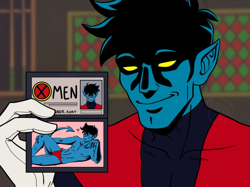 anthro blue_body blue_fur clothing fur hi_res humor male marvel morbidlymaven nightcrawler nipples pecs screencap_redraw smile solo spade_tail speedo swimwear tail wallet x-men yellow_eyes