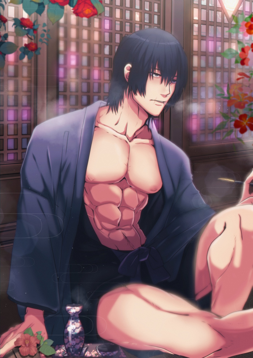 bare_breasts big_breasts big_chest happy_trail japanese_clothes jujutsu_kaisen male male_only muscular muscular_male pubic_hair smoking toji_fushiguro yaoi yukata