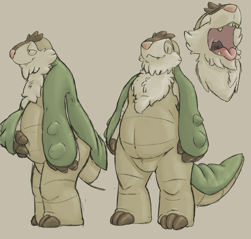 anthro chesnaught emusal featureless_crotch front_view generation_6_pokemon half-closed_eyes hi_res holding_belly male mammal monochrome multiple_images narrowed_eyes nintendo open_mouth overweight overweight_male pokemon pokemon_(species) sepia side_view smile solo standing