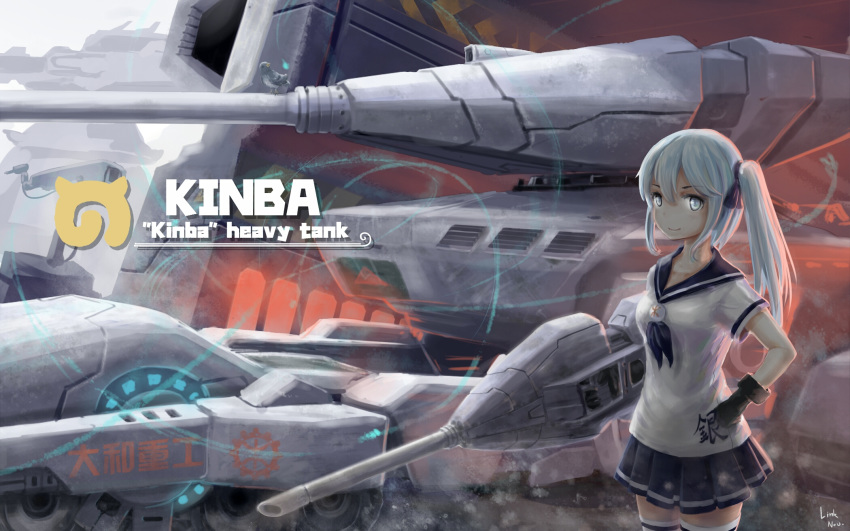 blue_eyes blue_hair caterpillar_tracks chinese_commentary command_&_conquer command_&_conquer:_red_alert_3 commentary_request female highres japari_symbol_print kemono_friends light_blue_hair linkai_nuofu mecha_musume military military_vehicle motor_vehicle sailor side_ponytail skirt smile tank translated tsunami_tank_(red_alert_3) uniform weapon