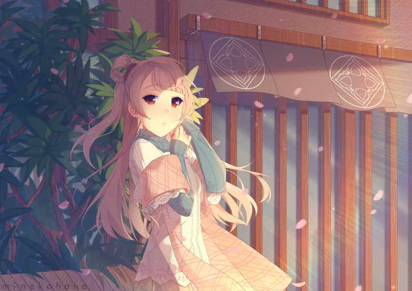 absurdres artist_name bad_id bad_pixiv_id brown_eyes brown_scarf building earrings female hands_up highres jewelry light_brown_hair long_hair long_sleeves looking_at_viewer love_live! love_live!_school_idol_project minami_kotori minekohana outdoors petals plant ponytail scarf standing sunlight sweater turtleneck turtleneck_sweater upper_body