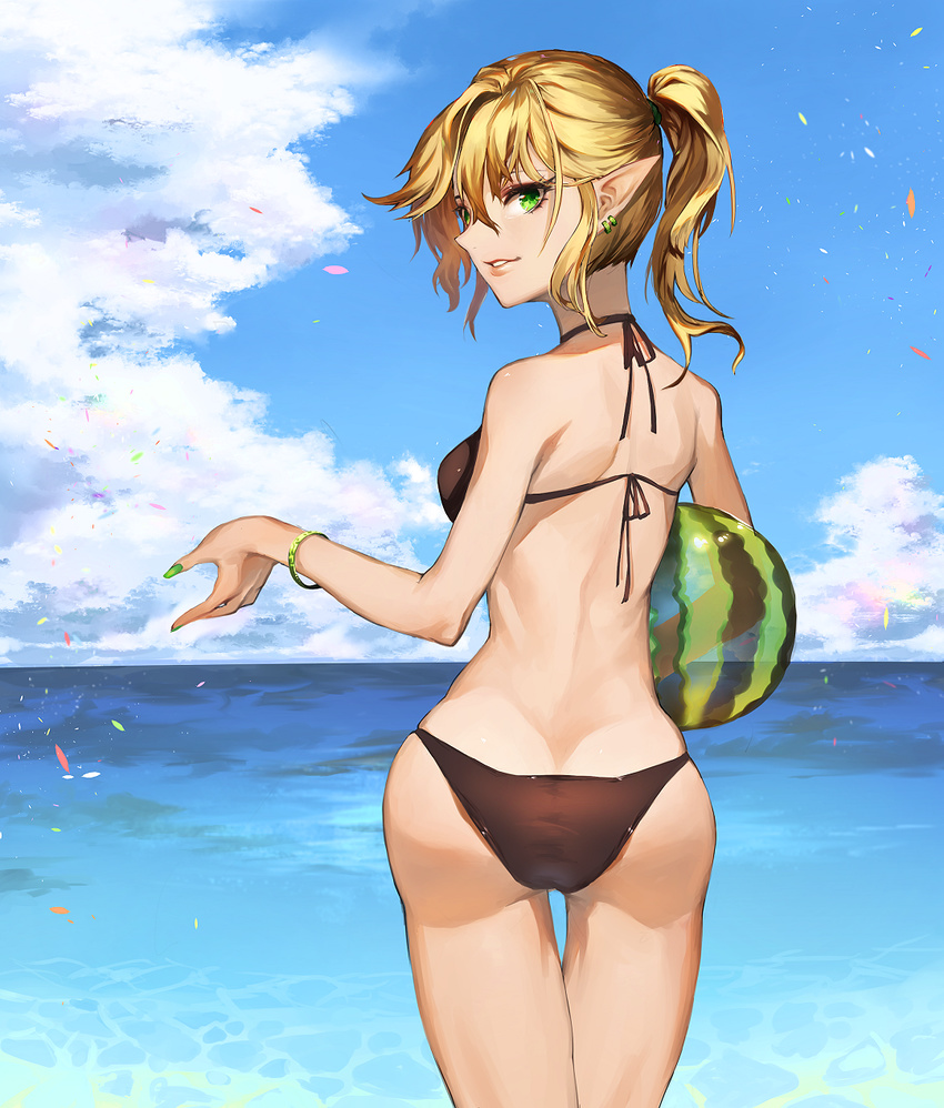 ass bikini blonde_hair bracelet cloud commentary_request day earrings elf female food from_behind fruit green_eyes green_nails highres jewelry kinketsu lips long_hair looking_at_viewer looking_back mizuhashi_parsee nail_polish outdoors pointy_ears ponytail shoulder_blades sky smile solo swimsuit touhou water watermelon