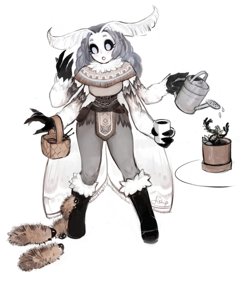 absurdres animal_hands antennae arthropod_girl artist_name bad_id bad_tumblr_id basket black_sclera boots capelet caterpillar colored_sclera commentary cup english_commentary extra_arms female full_body fur-trimmed_boots fur_collar fur_trim grey_eyes grey_hair highres holding holding_cup holding_watering_can insect_wings long_hair matilda_fiship monster_girl moth_girl moth_wings mother_lumi_(matilda_fiship) no_pupils original pants plant potted_plant simple_background solo watering_can white_background wings