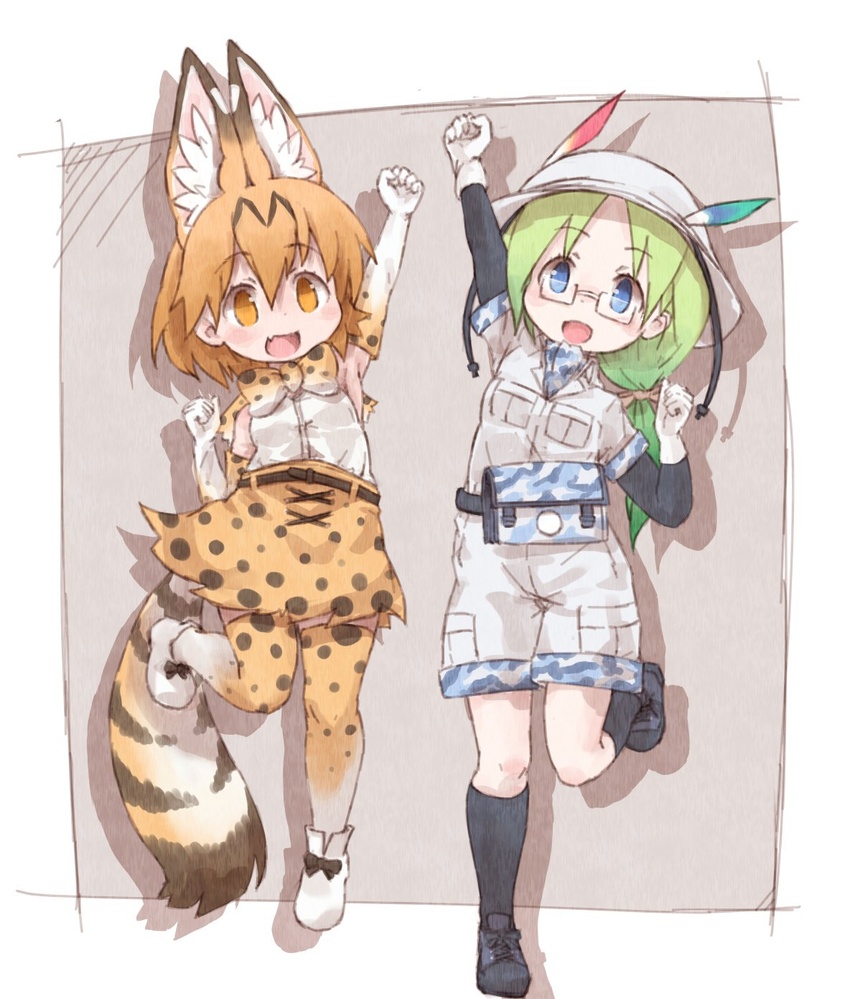 2girls animal_ear_fluff animal_ears bare_shoulders belt boots camouflage_trim commentary elbow_gloves fanny_pack feathers glasses gloves green_hair hair_tie hat helmet high-waist_skirt highres jacket kemono_friends kneehighs kolshica long_hair mirai_(kemono_friends) multicolored_hair multiple_girls pith_helmet safari_jacket serval_(kemono_friends) serval_print shoes short_sleeves shorts skirt sleeveless sneakers socks standing standing_on_one_leg tail thighhighs