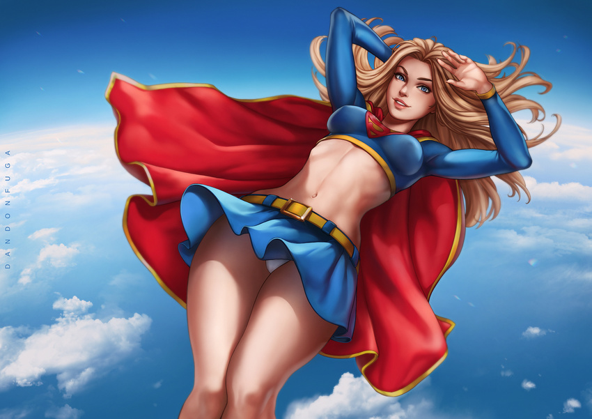 arm_behind_head artist_name belt blonde_hair blue_eyes breasts breasts_apart cape cloud commentary covered_nipples crop_top dandon_fuga day dc_comics english_commentary female flying legs_together long_hair looking_at_viewer medium_breasts midair midriff navel panties pantyshot parted_lips revision skirt sky smile solo stomach stratosphere supergirl superhero_costume superman_(series) underwear wind wind_lift